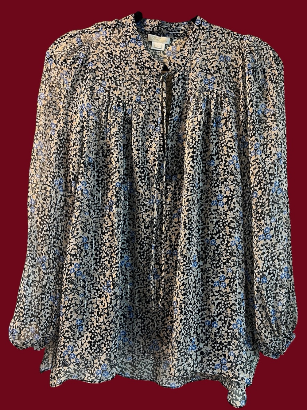 Shoshanna / Silk Edie blouse L70048 / Navy Floral Lurex Tie-Neck / Size S / New